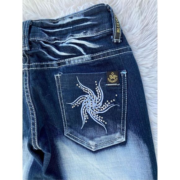 Y2K Vintage Blue Queen SZ 3/4 Dark Wash Factory Faded Bling Jeans - Picture 9 of 12